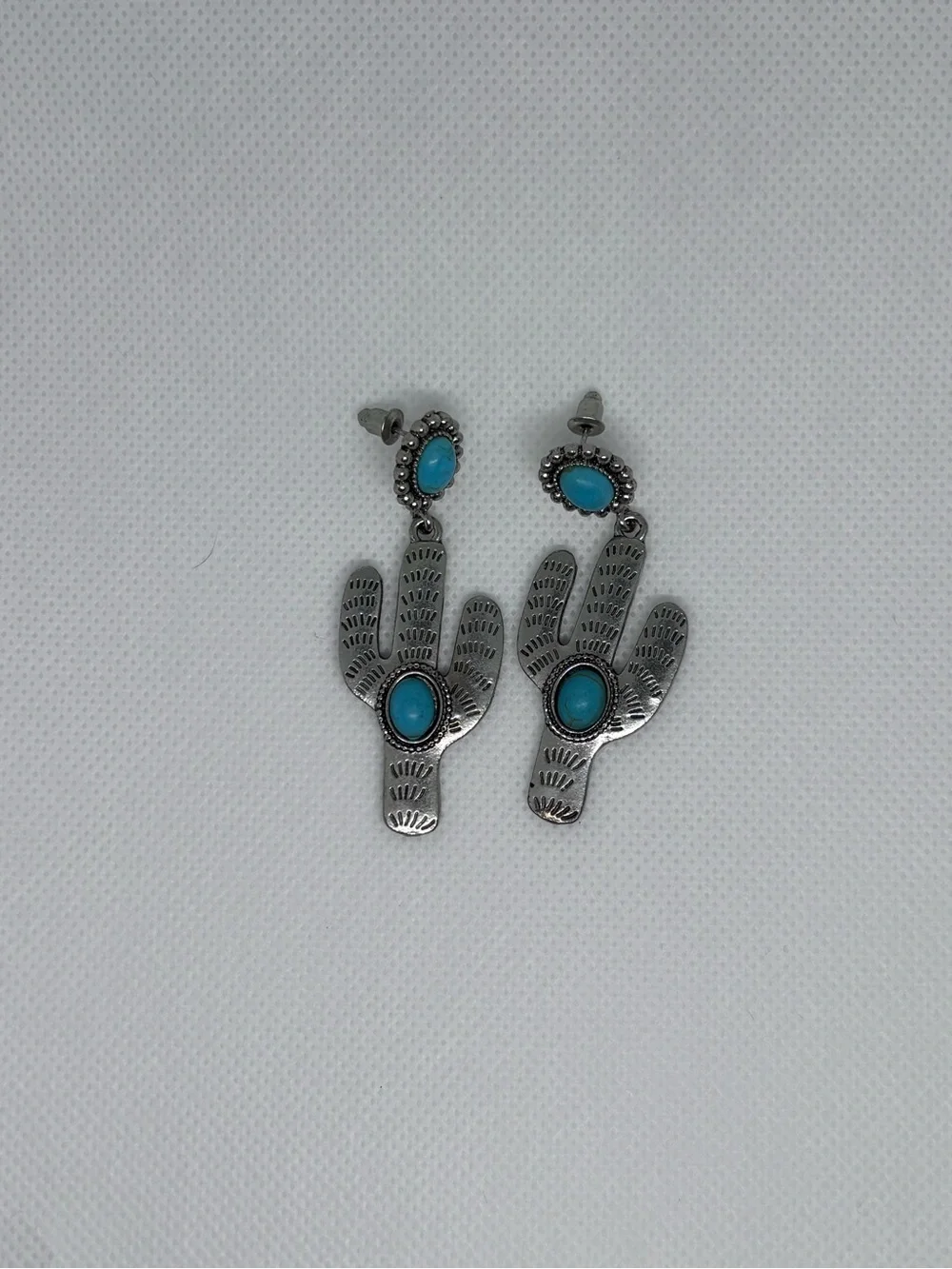 Turquoise Accent Silver Cactus Drop Earrings - Women Jewelry